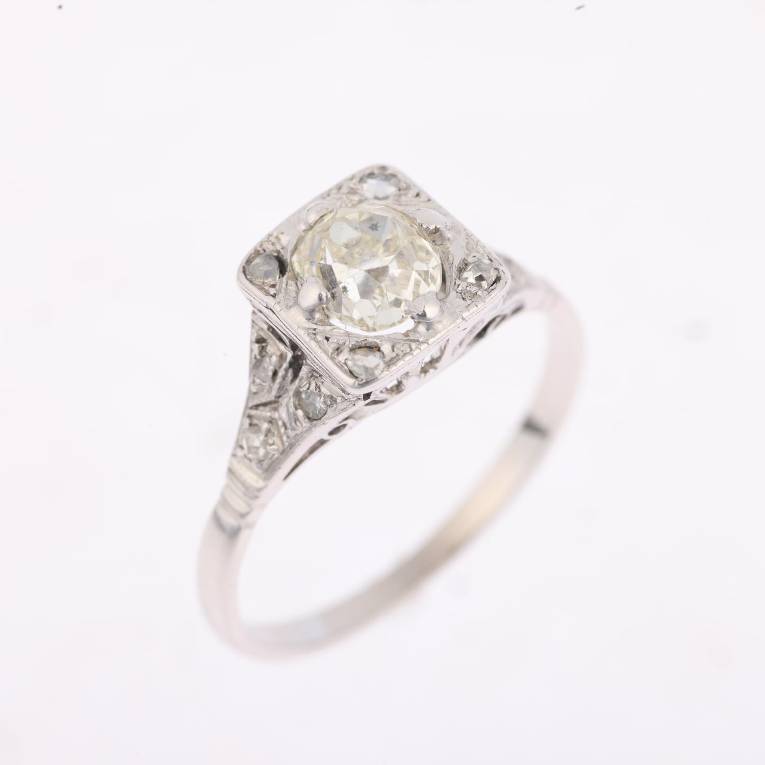 An Art Deco 0.65ct solitaire diamond panel ring, claw set with old-cut diamond surrounded by rose - Image 2 of 4