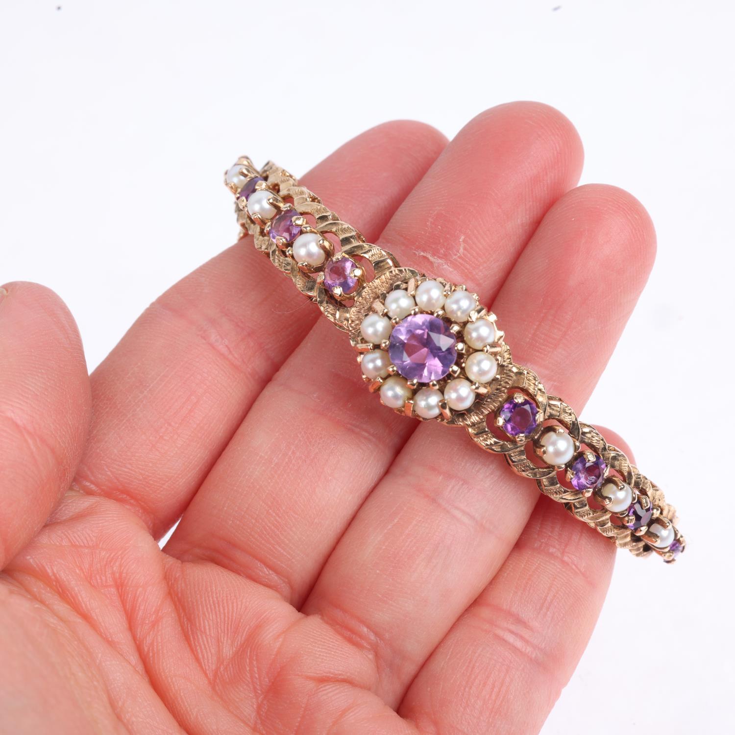 A late 20th century 9ct gold amethyst and pearl cluster hinged bangle, no maker's mark of date - Image 4 of 4