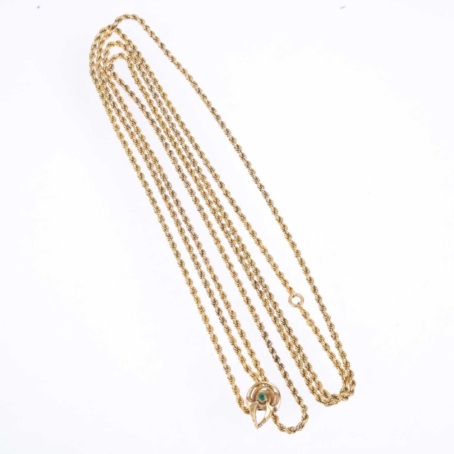 An Antique 15ct gold rope twist long guard chain necklace, with gilt-metal slider fob, 140cm, 21. - Image 2 of 4