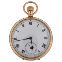 An early 20th century 9ct rose gold open-face keyless pocket watch, white enamel dial with Roman