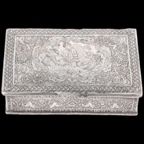 A Persian silver 'Musicians' cigarette box, allover engraved decoration, marked on base, 12.5cm x