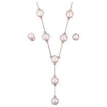 A 9ct rose gold whole pearl matching pendant necklace and earring set, maker SA, London 2013,
