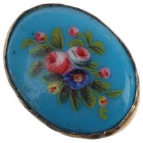 A Vintage blue porcelain roses panel ring, unmarked silver-gilt settings, setting height 25.4mm,