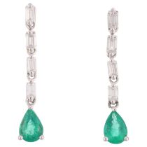 A pair of 18ct white gold emerald and diamond drop earrings, set with pear-cut emerald and