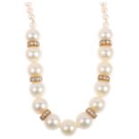 A Vintage single-row Akoya cultured pearl and diamond necklace, with diamond halo spacers and