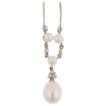 A modern 9ct white gold cultured pearl and cubic zirconia pendant necklace, 40cm, 1.9g No damage