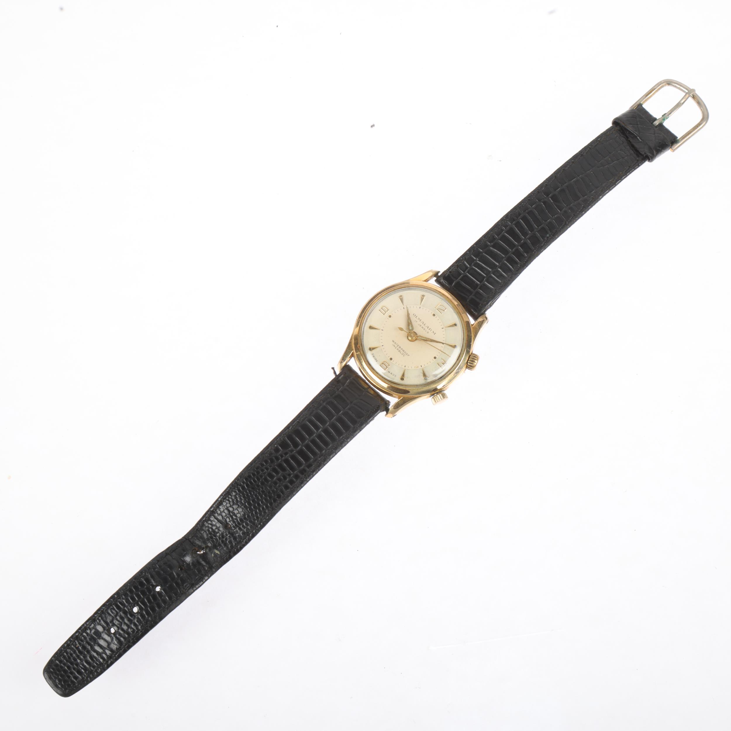 OLMA - a Vintage gold plated stainless steel Olmalarm mechanical wristwatch, silvered dial with gilt - Bild 2 aus 5