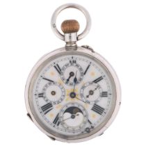 A Continental silver moonphase triple calendar open-face keyless pocket watch, white enamel dial