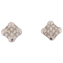 A pair of diamond cluster panel earrings, set with Princess-cut diamonds, apparently unmarked, 6.