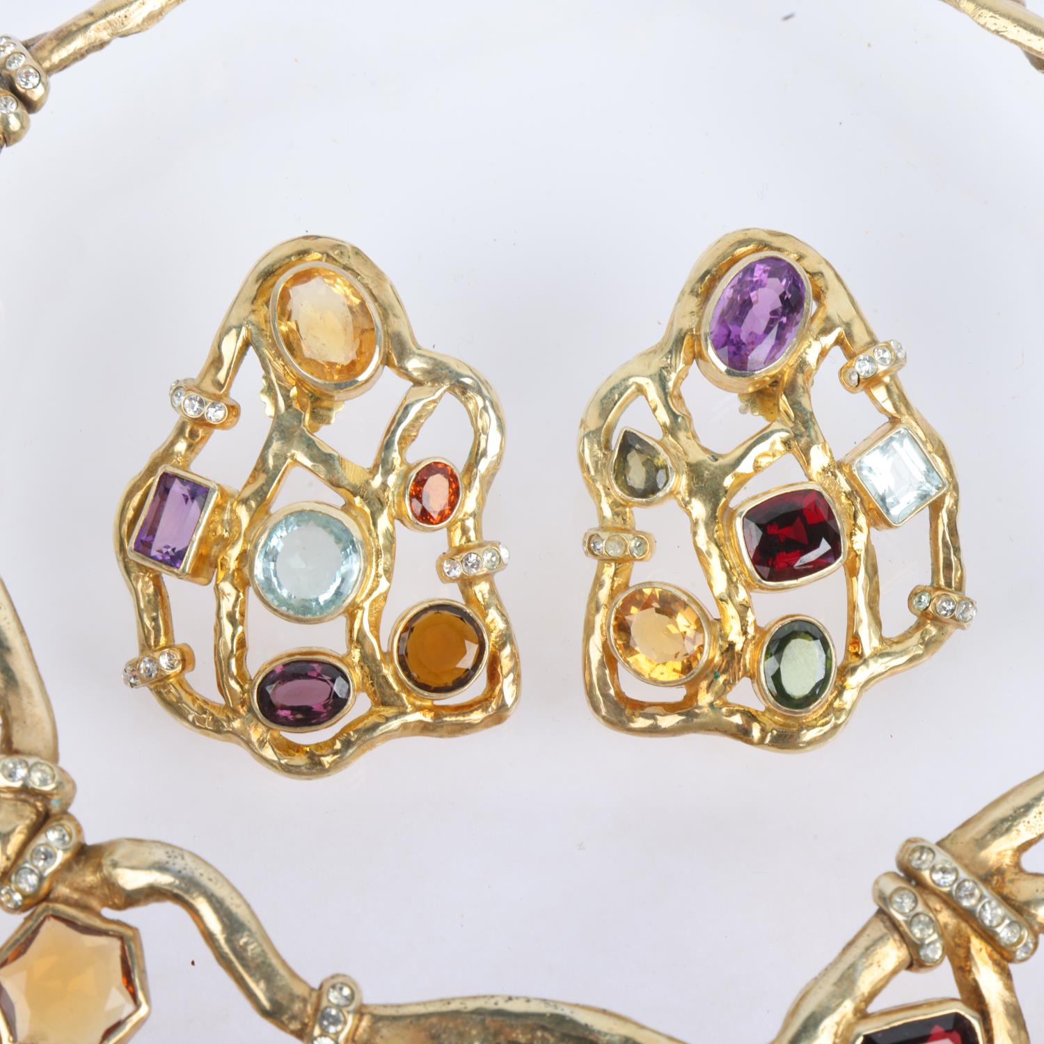 A heavy quality solid silver-gilt gem set collar bib necklace and earring set, by Peter Farrow, - Image 3 of 4