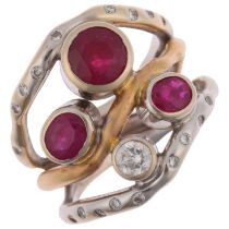 A large 18ct two-colour gold ruby and diamond openwork ring, maker H&T Ltd, setting height 20.5mm,