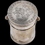A 17th century silver counter box, cylindrical form with engraved armorial crest within wreath,