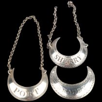 3 George III silver crescent decanter labels, comprising Sherry, by Peter & Jonathan Bateman,