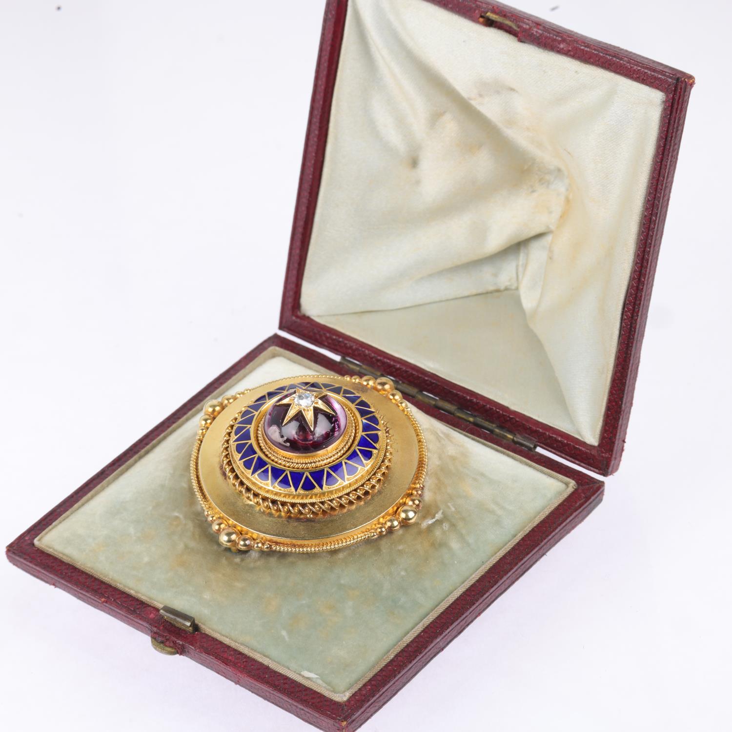 A Victorian Etruscan Revival diamond amethyst and blue enamel bombe memorial brooch, circa 1880, - Image 4 of 4