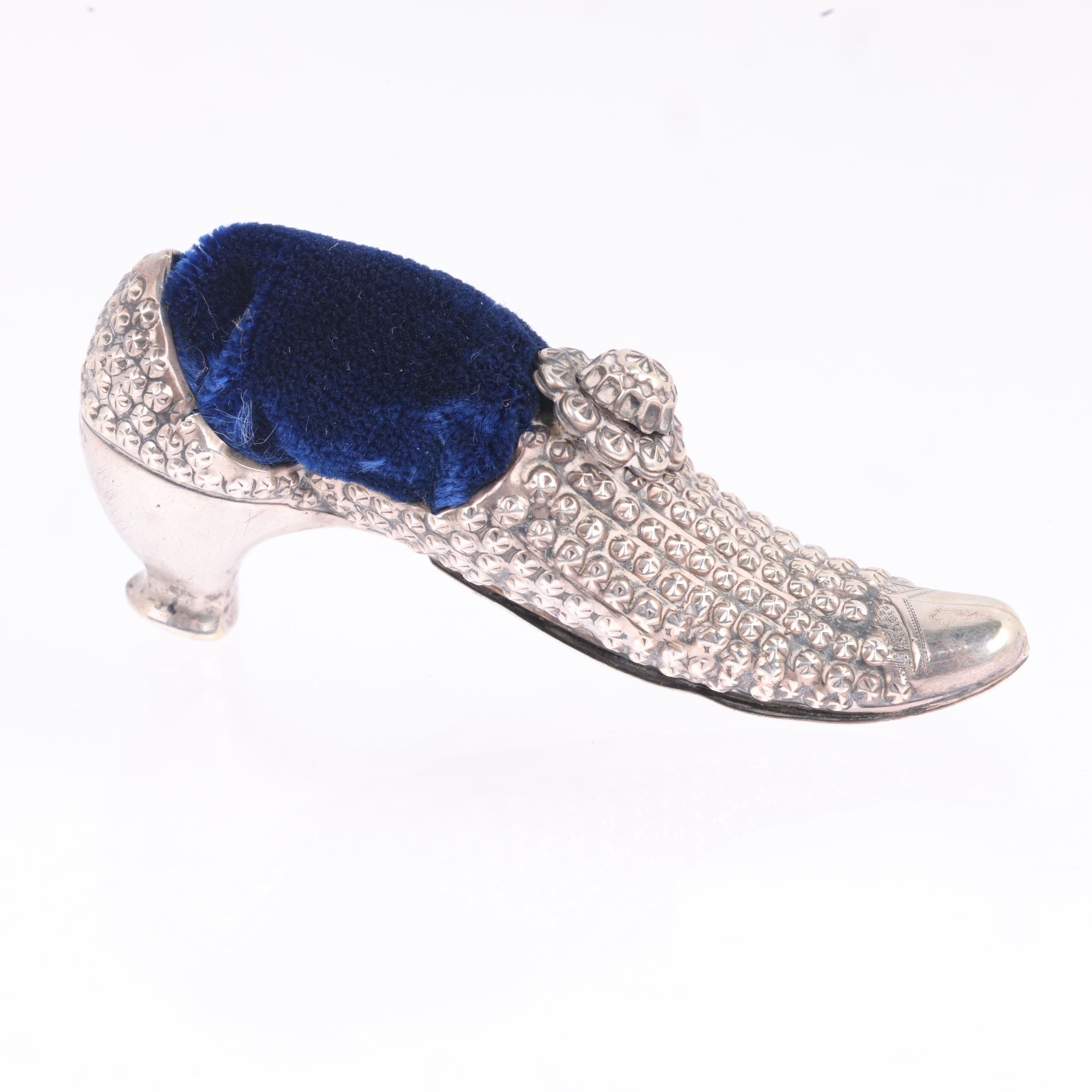 A late Victorian novelty silver lady's shoe pin cushion, Adie & Lovekin Ltd, Birmingham 1895, 6. - Image 2 of 3