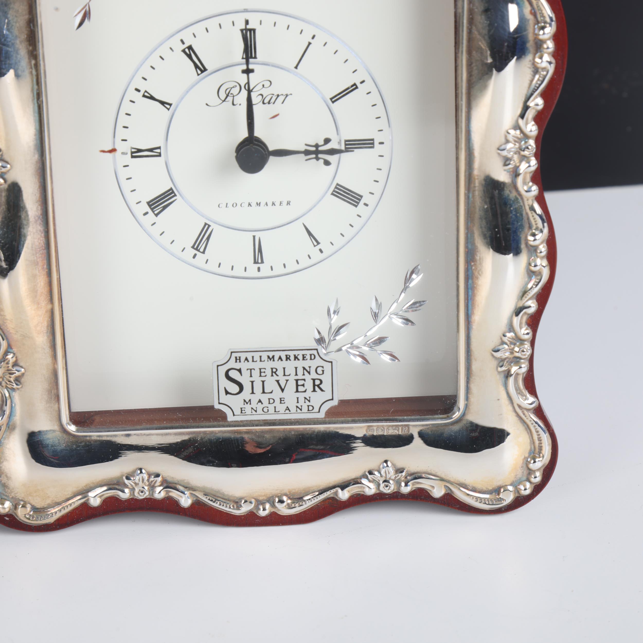 An Elizabeth II silver-fronted quartz mantel clock, R Carr, Sheffield 1991, 14.5cm x 11cm, boxed New - Image 2 of 3