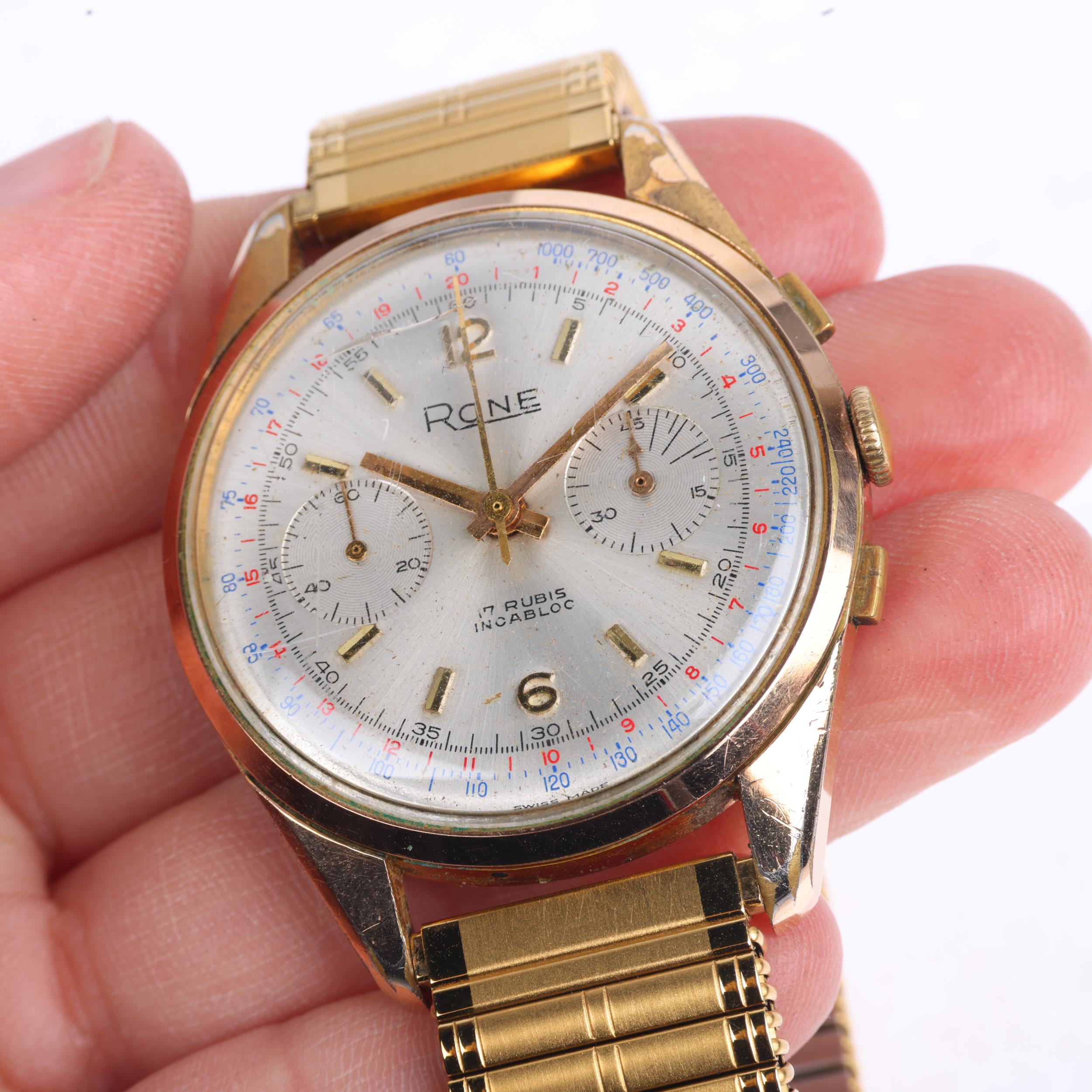 RONE - a Vintage gold plated stainless steel mechanical chronograph wristwatch, circa 1950s, - Image 5 of 5