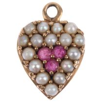 An Antique ruby and pearl heart pendant, apparently unmarked, 17.7mm, 1.9g No damage or repair,