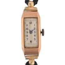 An Art Deco lady's 9ct rose gold mechanical cocktail wristwatch, silvered dial with black Arabic
