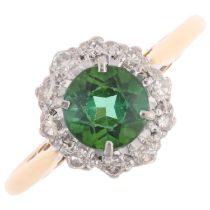 An 18ct gold green tourmaline and diamond flowerhead cluster ring, platinum-topped set with round-