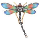 An 18ct gold ruby diamond and enamel figural dragonfly brooch, in the Victorian style, set with