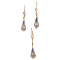 An Art Deco sapphire and diamond matching pendant and earring set, the matching lobed drops set with