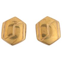 A pair of unmarked gold hexagonal panel earrings, with stud fittings, 12.1mm, 1.7g No damage or