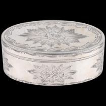 A fine Continental silver snuffbox, oval form, with engraved floral decoration, and gilt interior,