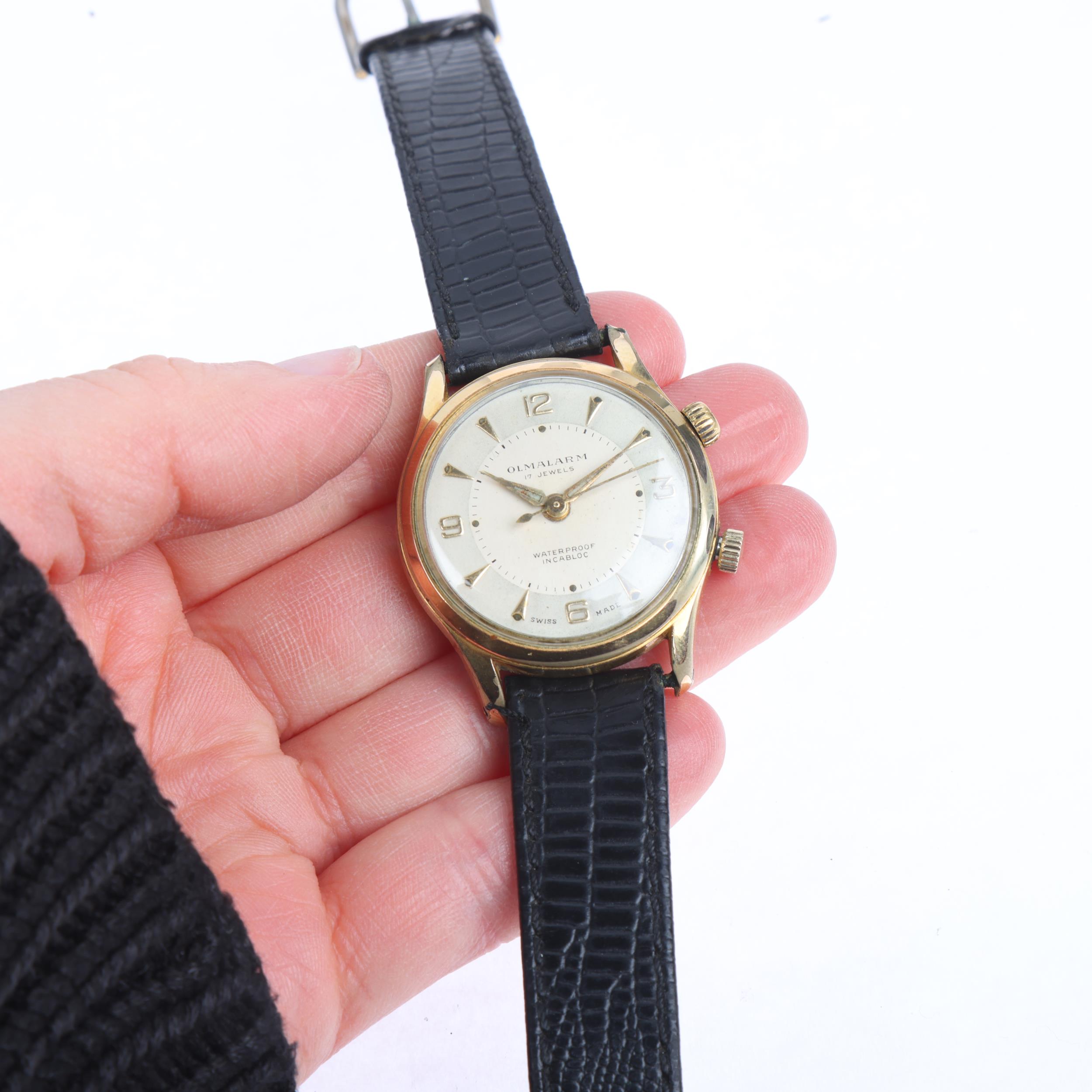OLMA - a Vintage gold plated stainless steel Olmalarm mechanical wristwatch, silvered dial with gilt - Bild 5 aus 5