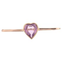 An early 20th century 9ct rose gold amethyst heart bar brooch, 60.3mm, 5.3g Facet edges of