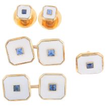 An Art Deco 9ct and 18ct gold sapphire and mother-of-pearl dress set, maker GAF, comprising pair