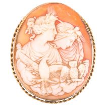 A 19th century shell 'Eos and Nyx' cameo brooch, relief carved depicting Goddesses, in unmarked