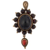 A 9ct gold garnet and pearl drop pendant, in the Victorian style, set with cabochon garnets with