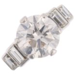 An Art Deco 2.5ct solitaire diamond ring, centrally claw set with 2.5ct round brilliant-cut diamond,