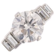 An Art Deco 2.5ct solitaire diamond ring, centrally claw set with 2.5ct round brilliant-cut diamond,