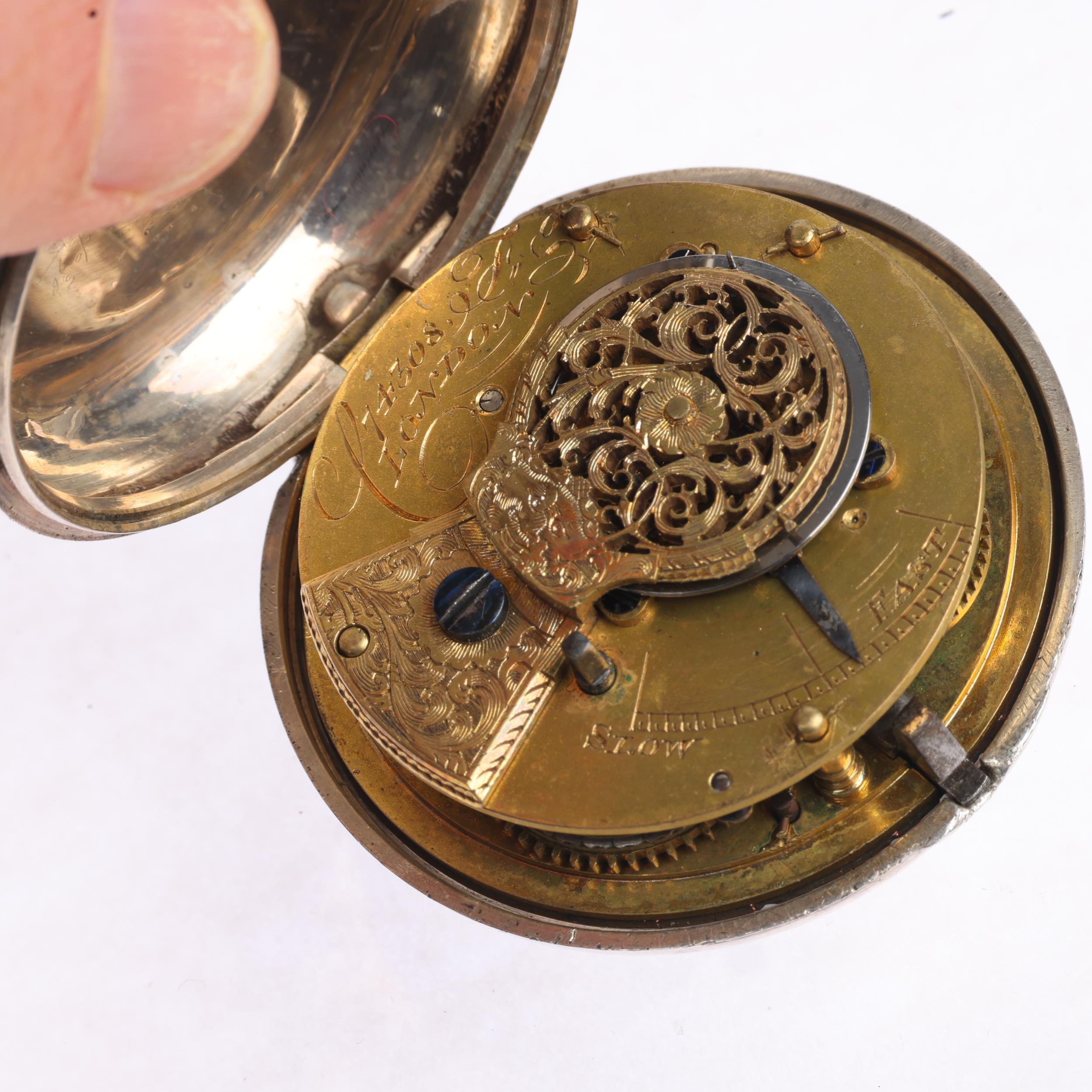 A mid-19th century silver pair-cased open-face key-wind verge pocket watch, white enamel dial with - Image 4 of 5