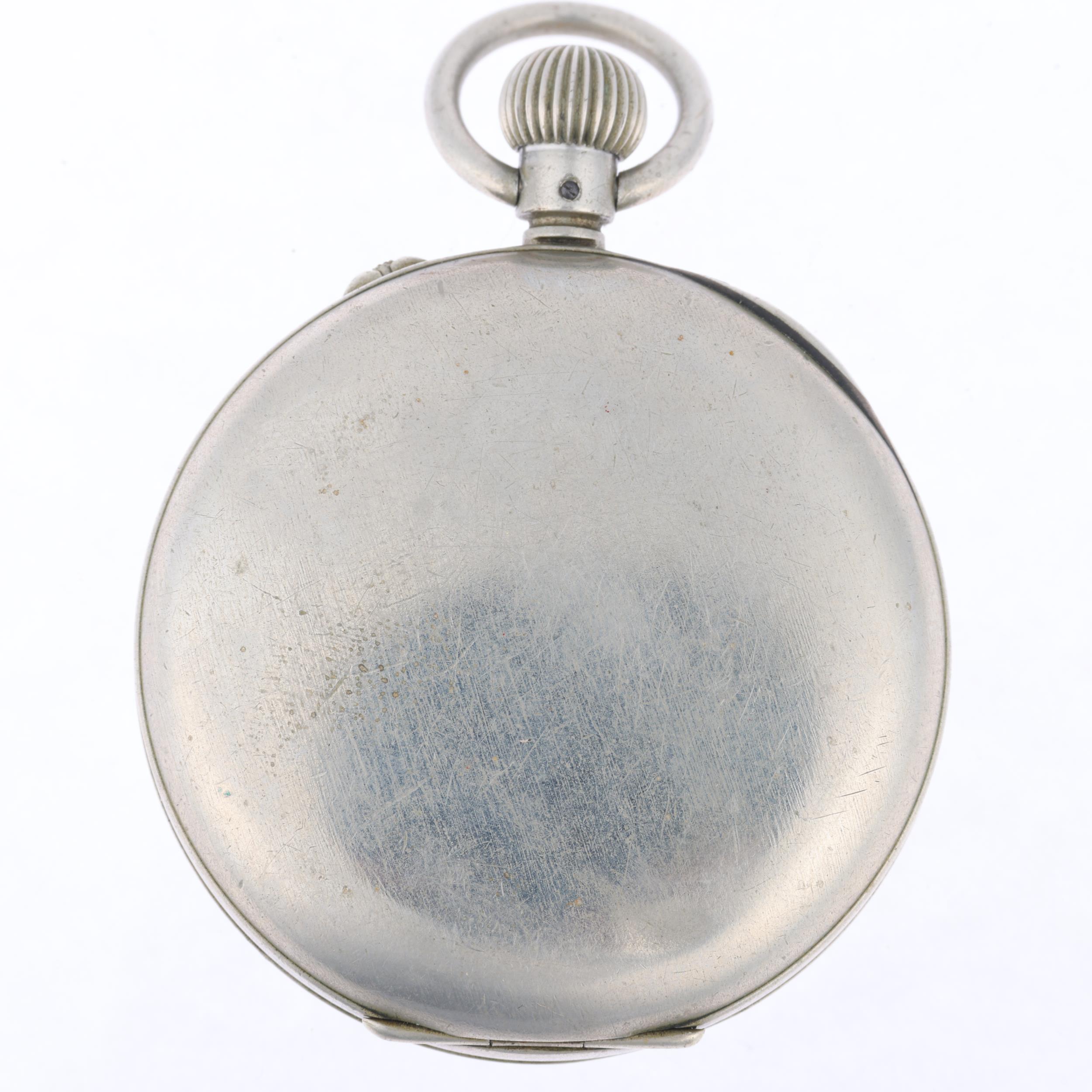 An early 20th century nickel open-face keyless chronograph pocket watch, white enamel dial with - Image 2 of 5