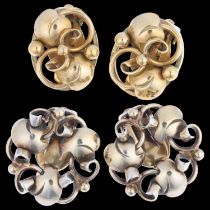 JOHN LAURIDSEN - 2 pairs of Art Nouveau style Danish silver-gilt floral clip-on earrings, largest