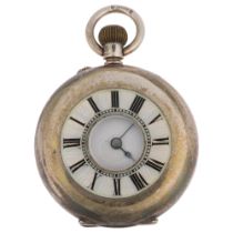 An early 20th century Swiss silver and enamel half hunter keyless side-wind fob watch, white