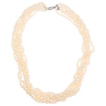 An 18ct white gold multi-strand pearl torsade necklace, 40cm, 61.6g No damage or repair, all