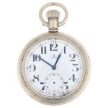 OMEGA - a First World War Period nickel Borgel open-face keyless trench pocket watch, white enamel