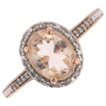 A modern 9ct rose gold smoky quartz and diamond oval cluster ring, total diamond content approx 0.