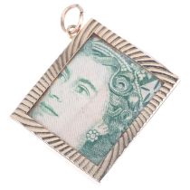 A late 20th century 9ct gold novelty emergency £1 note charm, maker FM, London 1972, 27.5 x 23mm,