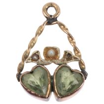 An Antique green paste and pearl twin-heart pendant/charm, apparently unmarked, 19.7mm, 1.2g 1 pearl