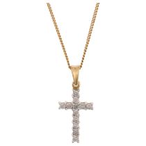 An 18ct gold diamond cross pendant necklace, on 9ct fine curb link chain, total diamond content