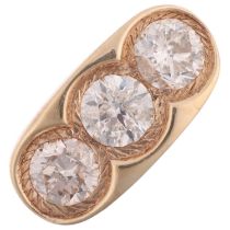 A large 9ct gold three stone diamond gypsy ring, set with modern round brilliant-cut diamonds,