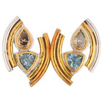 A pair of sterling silver and 18ct gold aquamarine and diamond earrings, maker BB, London 2003,