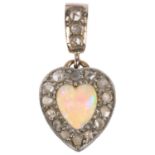 An early 20th century opal and diamond heart cluster drop pendant, circa 1910, centrally set with