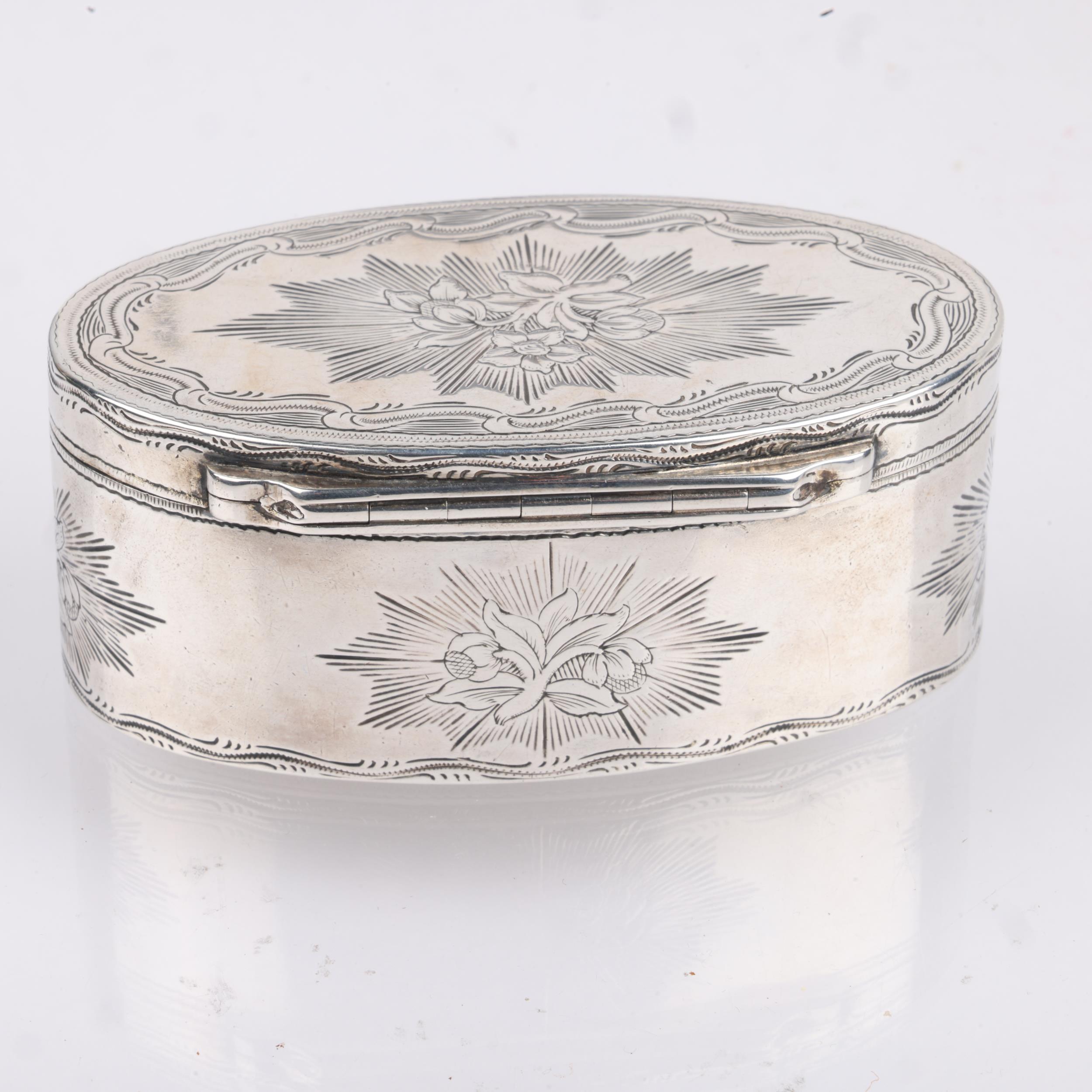 A fine Continental silver snuffbox, oval form, with engraved floral decoration, and gilt interior, - Image 2 of 3