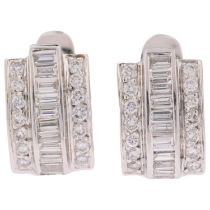 A pair of 18ct white gold diamond hoop earrings, set with baguette and modern round brilliant-cut